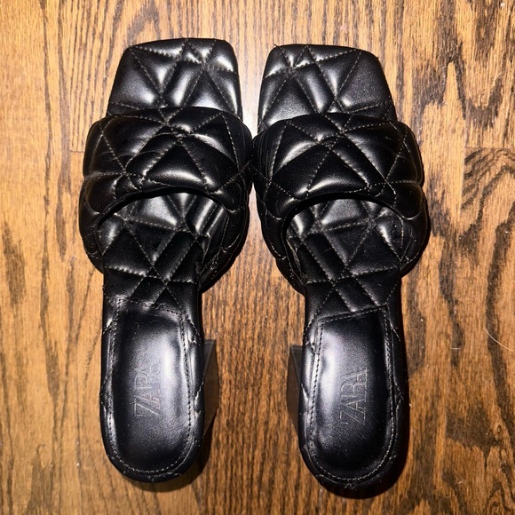 Zara Black Block Heel Quilted Slip on Heels - Picture 6 of 8
